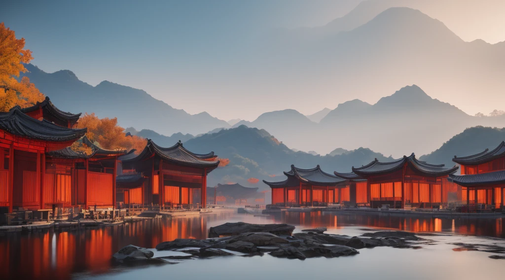 China ink painting,ink,the setting sun,Wild geese flying in the sky in the distance,Autumn water remains unchanged for a long time,The beauty of ancient poetry,