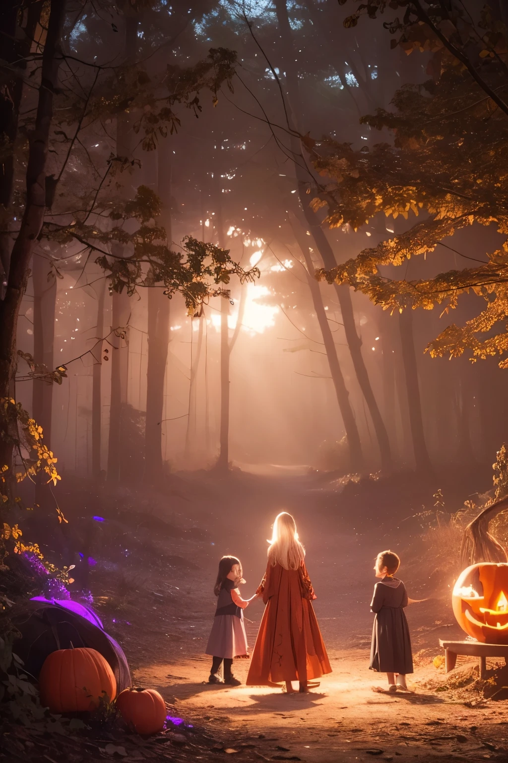 "(best quality, highres, ultra-detailed), Young  playing in a haunted forest, orange and purple hues, portraits, vivid colors, extreme detail description, sharp focus, physically-based rendering, studio lighting, horror, witch, magical, eerie atmosphere, swirling fog, ethereal glow, ancient trees, twisted branches, glowing pumpkins, moonlit sky, mysterious shadows, spellbinding, enchanting, hauntingly beautiful"