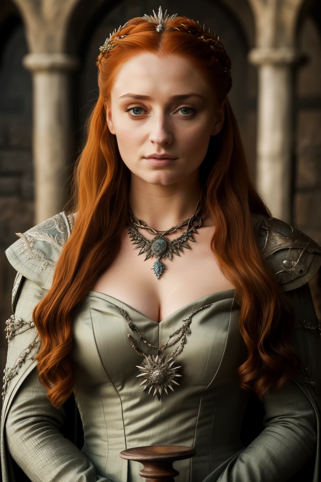 Masterpiece,De facto Lady of the Eyrie, queen of the north,Best quality, Mediaeval sexy costumes, game of the thrones like costume, a close up of a woman of  mediaeval times, sansa stark, sansa, looks like sophie turner, sophie turner, scene from game of thrones, deep cleavage, warrior princess, healthy body, perfect thick body, attractive figure, fleshy body, style of game of thrones,gorgeous lady,gorgeous woman, stunning woman, still from game of thrones, game of thrones style, 8k, insane details, dress made of clothes and jewelry, round shaped face,