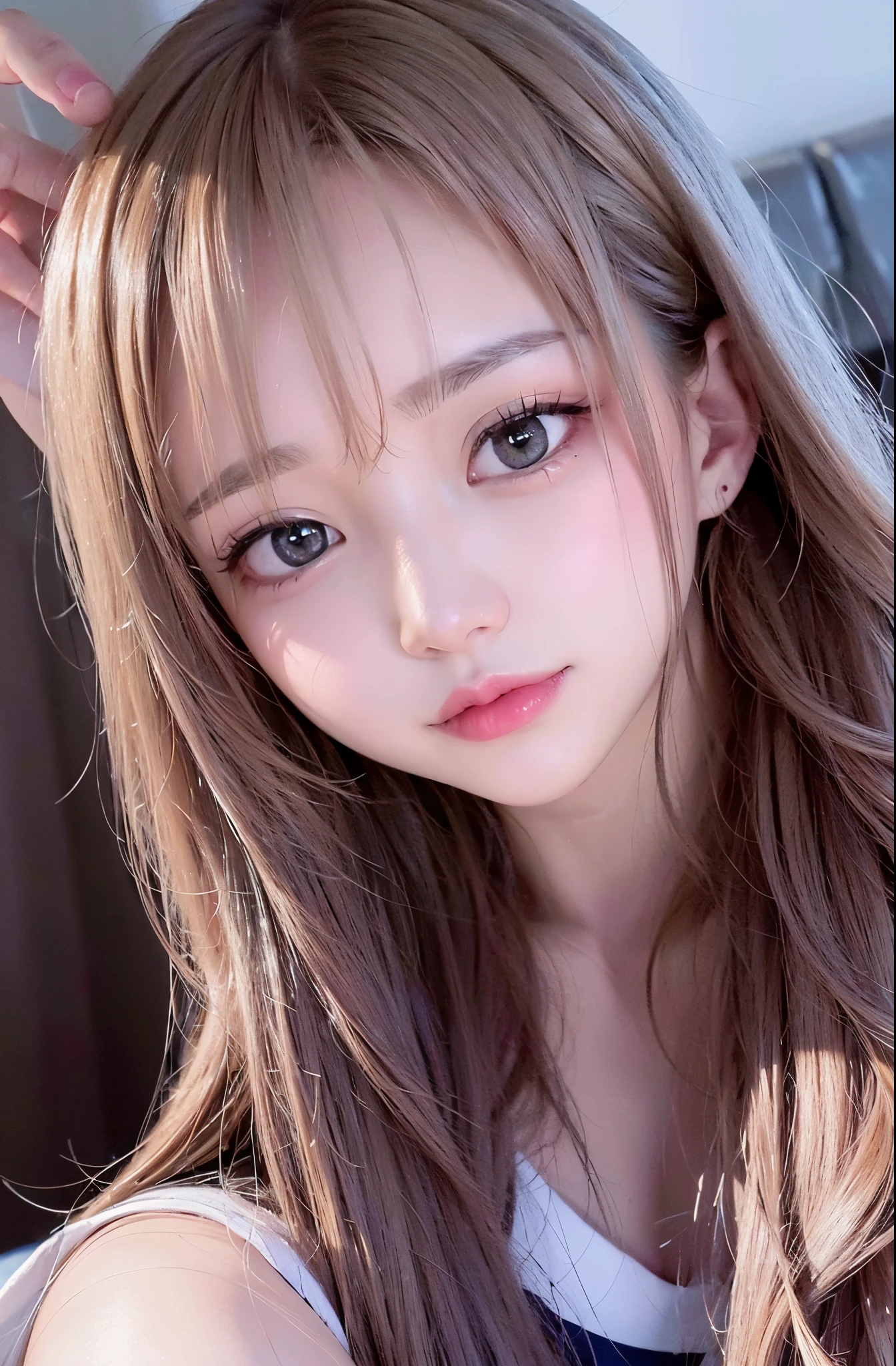 NSFW image、((natta、Real Light、top-quality、8K images、​masterpiece:1.3))、非常にA detailed eye、extra detailed face、high detailed skin texture、Beautiful girl with normal body shape:1.4、(beautiful brown hair:1)、fullnude、teats、A sexy、constricted hips、skinny thigh、gazing at viewer、Blushing cheeks、hyperdetailed face、A detailed eye、Happiness、huge smile、裸の女の子がa bedで横臥、a bed、all-fours、Watching from above