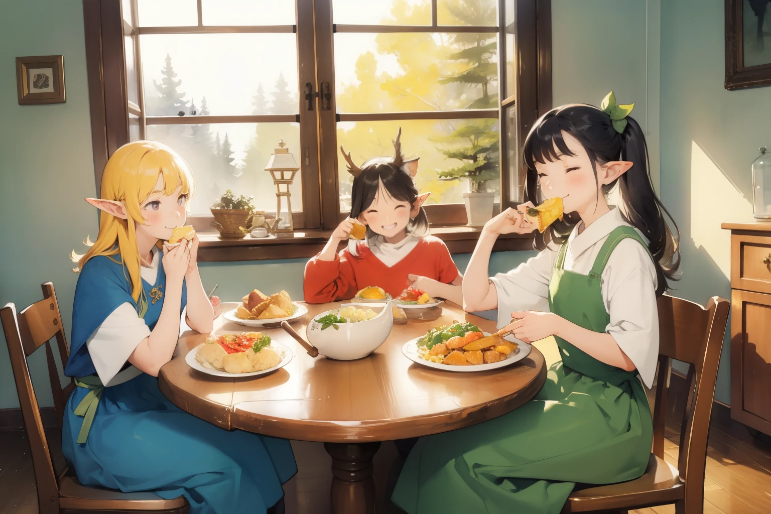 (masterpiece, best quality), 3girls, , elf ears, closeup, smile, eating, sitting on floor, by a small table, (table full of dishes, plenty of dishes, stacks of food), in a room, (a giant pile of food on table), big window, christmas tree, cozy, warm, wooden floor, wide angle, fisheye, vibrant colors, bright, white, watercolor