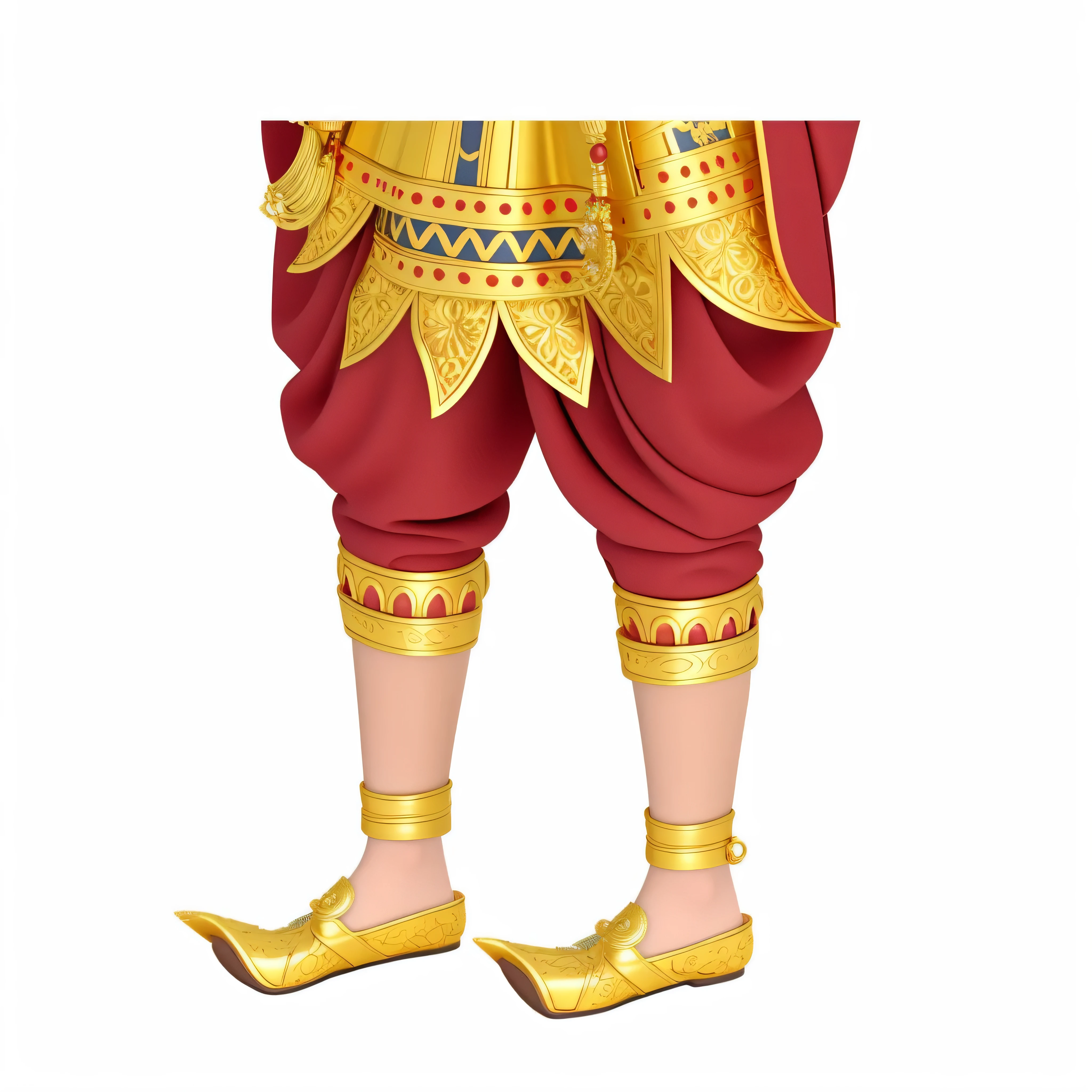 a close up of a person wearing a pair of shoes, very detailed and rich clothing, wearing an ornate outfit, cloven feet and horns, wearing ornate clothing, red and gold sumptuous garb, detailed legs, hindu god, distant full body view, traditional clothes, highly detailed character, costume desig, highly detailed character design, indian goddess of wealth, indian god