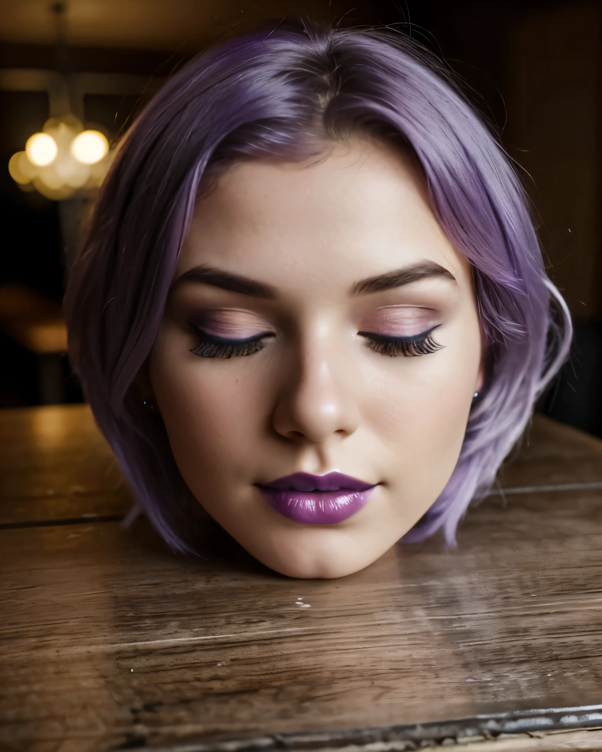 ((disembodied head on table)), headless, beautiful teen, young, short light purple hair, (eyes closed), wearing makup, (realistic), realistic indoor lighting, (best image, best quality)