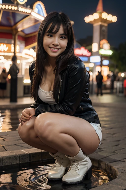 (top-quality, 8K, masterpiece:1.3), foco nítido:1.2, Best Quality, 1girl in, (Full body), Beautiful Indonesian with perfect body shape:1.4, A slender , (short-hair, Braiding bangs, black hair), Pointed chest, medium breasts, Women's Fashion, leater cut jaket, Camisole 1, pleatedskirt, long boots, In front of the fountain at the amusement park, (nighttime scene), illuminations, Highly detailed facial and skin texture, Beautiful detailed eyes, 二重まぶた, finely detail, Natural Color Lip, Bold sexy poses, crouching down, girlish smile, Stranger, Let white teeth peek out, kawaii, Long Focus,