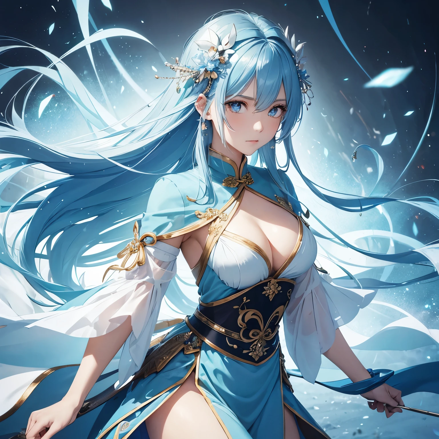 female, guerreira, chifres de cristal, Chinese Costume, kind and serious, long and messy light blue hair, olhos azuis brilhantes, fundo da floresta