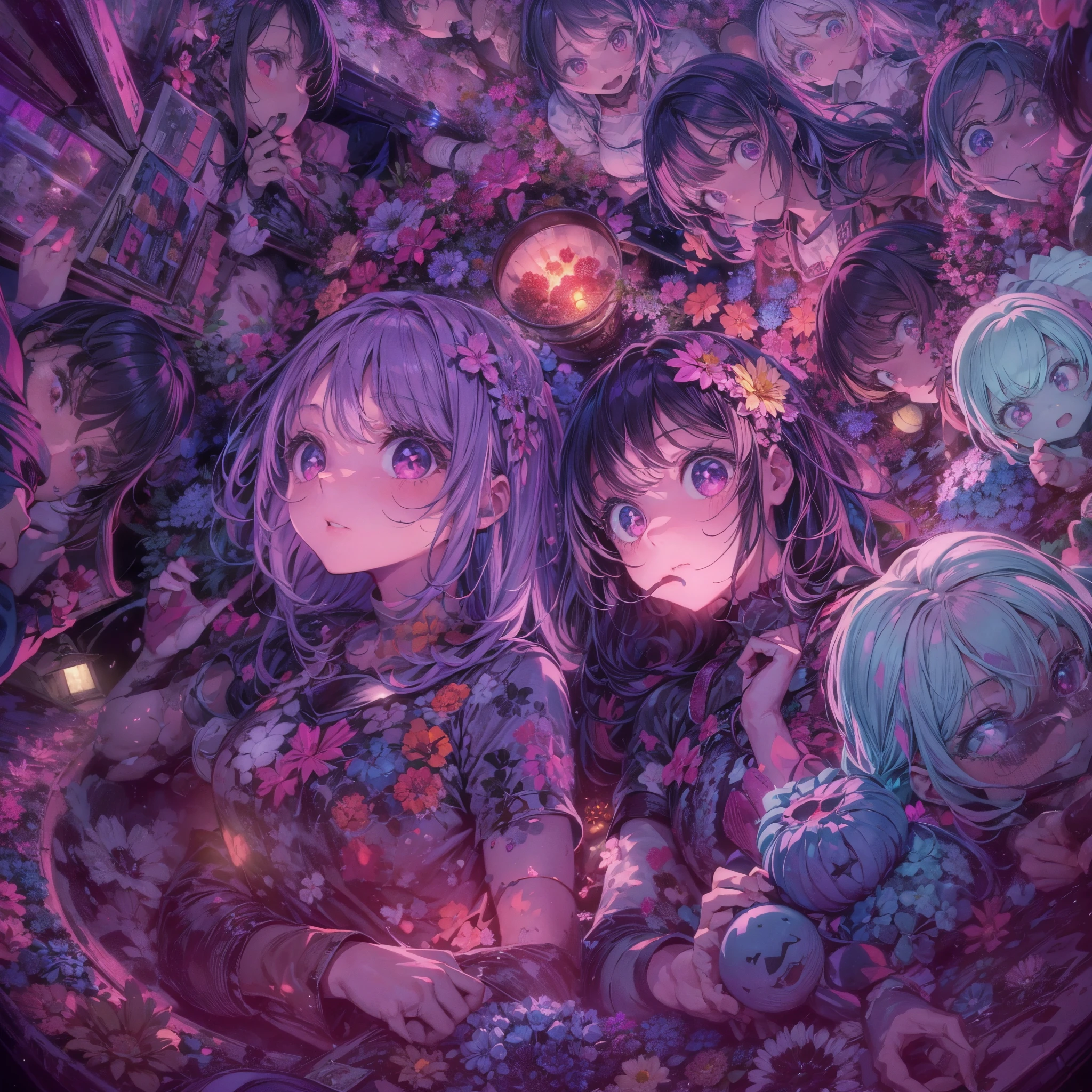 Base Layer: An image of girlish homosexual platonic love between two girls who have a sister-like intimacy, a delicate psychedelic worldview of melancholy and sickness that fuses girl aesthetics and noir aesthetics, BREAK Middle Layer: Twin anime-style girls symbolizing their love for each other BREAK Foreground Layer: The twins are surrounded by a strange array of inanimate objects symbolizing their weakness and fragility. BREAK Effect Layer: An eerie purple light fills the scene, casting shadows and adding a sense of mystery. BREAK The finishing touch: Enrich the atmosphere with a touch of spooky, surreal fantasy.