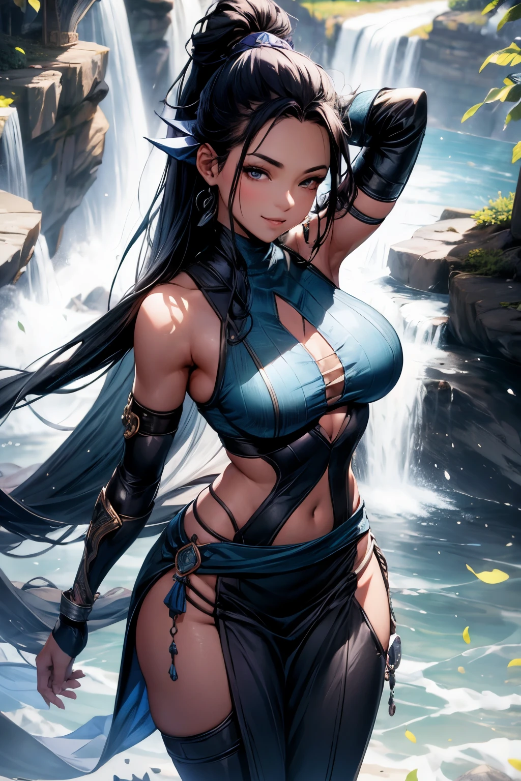 smiling wide with parted lips, a beautiful anime full-body glamour portrait of a kunoichi, goddess, large breasts, mischievous smile, gazing lovingly at the viewer, long hair in a ponytail, dark hair, astonishing purple eyes, smokey eye make-up, anatomically correct, mid-twenties, posing for the camera in a highly detailed hidden lagoon, mountain background, provocative standing pose, arms above her head, WLOP. studio lighting, detailed skin, ultra, realistic, sharp features, highly detailed. Sharp focus, natural skin, natural skin texture, subsurface scattering, muted colors, skin pores, perfect face, perfect eyes, perfect full lips, supple female form, vivid, cinematic, Film light, Hyper detailed, Hyper-realistic, masterpiece, atmospheric, High resolution, Vibrant, High contrast, dark angle, 8k, HDR, 500px, a view from above