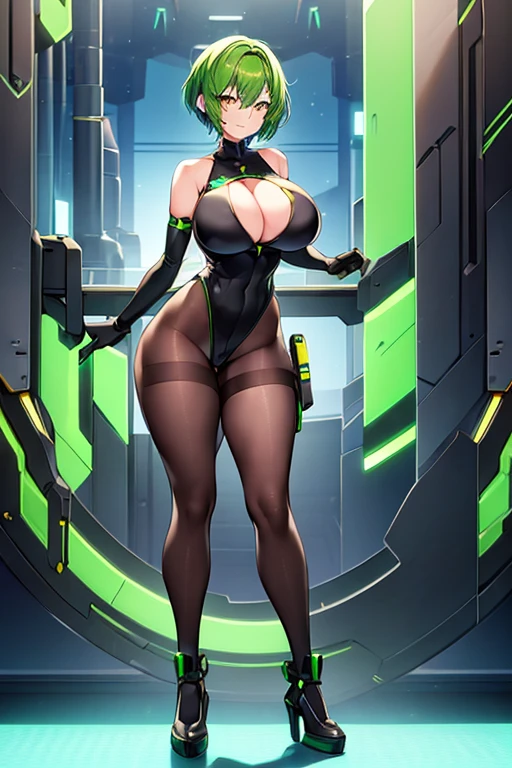 1girl, green hair, very short hair, large breasts, breasts, wide hips, yellow eyes, smile, bodysuit, black bodysuit, sleeveless, black pantyhose, pantyhose, shoes, futuristic, tech, machinery, science-fiction, full body, ((full body)), female