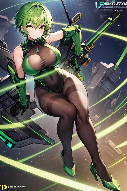 1girl, green hair, very short hair, large breasts, breasts, wide hips, yellow eyes, smile, bodysuit, black bodysuit, sleeveless, black pantyhose, pantyhose, shoes, futuristic, tech, machinery, science-fiction, full body, ((full body)), female