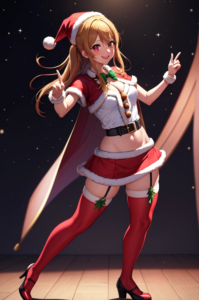 anime, beautiful face, highly detailed face, 2 accurate legs, detailed eyes, highly detailed background, perfect lighting, accurate arms, accurate hands, accurate fingers, full body, 1girl, solo, ruby hoshino, oshi no ko, female santa, sexy santa outfit, santa cape, heels, thighhighs, garter stockings, absurdres, high res, ultrasharp, 8K, masterpiece, looking at viewer (dancing pose:1.4), (full body:1.4), Christmas concert, Christmas idol, performing on stage, spotlights, dancing, smiling with compassion, mouth open smile, full of delight, blushed, cleavage, breast, sntdrs