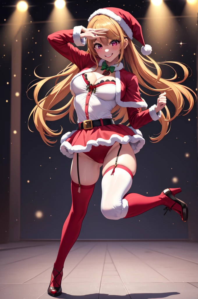 anime, beautiful face, highly detailed face, 2 accurate legs, detailed eyes, highly detailed background, perfect lighting, accurate arms, accurate hands, accurate fingers, full body, 1girl, solo, ruby hoshino, oshi no ko, female santa, sexy santa outfit, santa cape, heels, thighhighs, garter stockings, absurdres, high res, ultrasharp, 8K, masterpiece, looking at viewer (dancing pose:1.4), (full body:1.4), Christmas concert, Christmas idol, performing on stage, spotlights, dancing, smiling with compassion, mouth open smile, full of delight, blushed, cleavage, breast, sntdrs