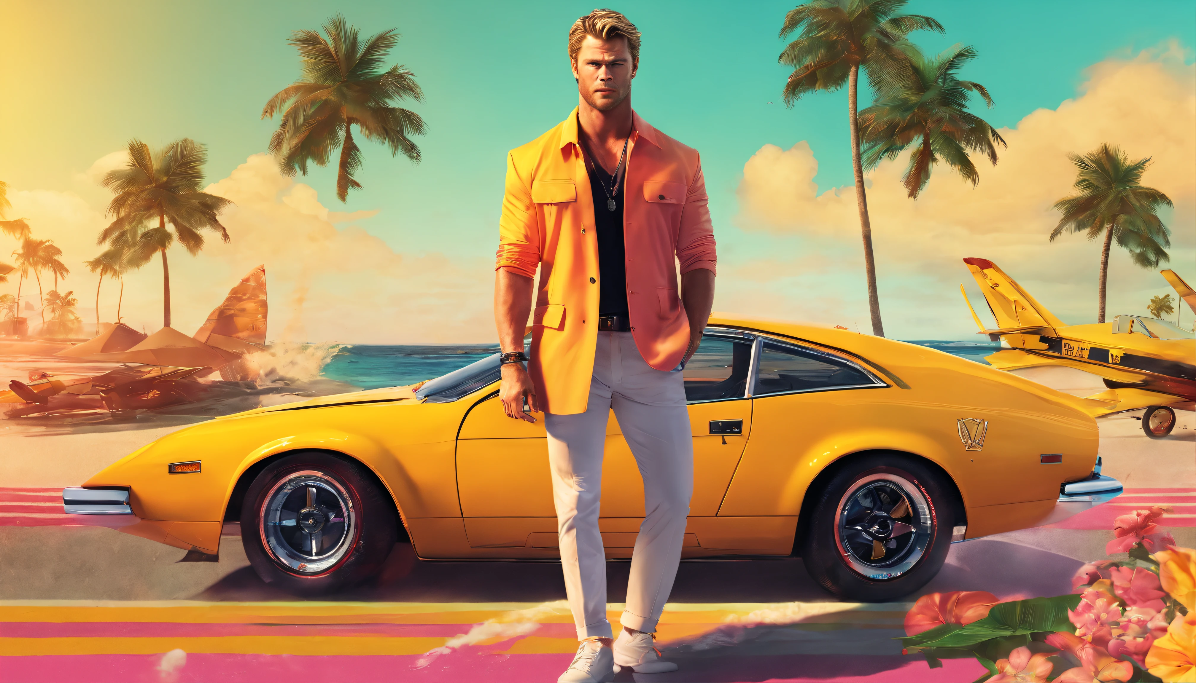 A photorealistic portrait of Chris Hemsworth, styled in a Miami Vice-inspired look, captured by Austin English in his signature minimalist style. Hemsworth wears a cobalt white button-down shirt and matching bomber jacket, the color echoing the Miami sky behind him. His hair tousled by the ocean breeze, and his gaze smolders with an intensity that could melt glaciers. The palm trees lining South Beach frame the shot, while a gleaming yellow and black Lamborghini sits parked in the foreground, hinting at Hemsworth's jet-set lifestyle. The overall vibe a blend of masculine charm, carefree luxury, and a touch of danger, reminiscent of classic 80s action movies.