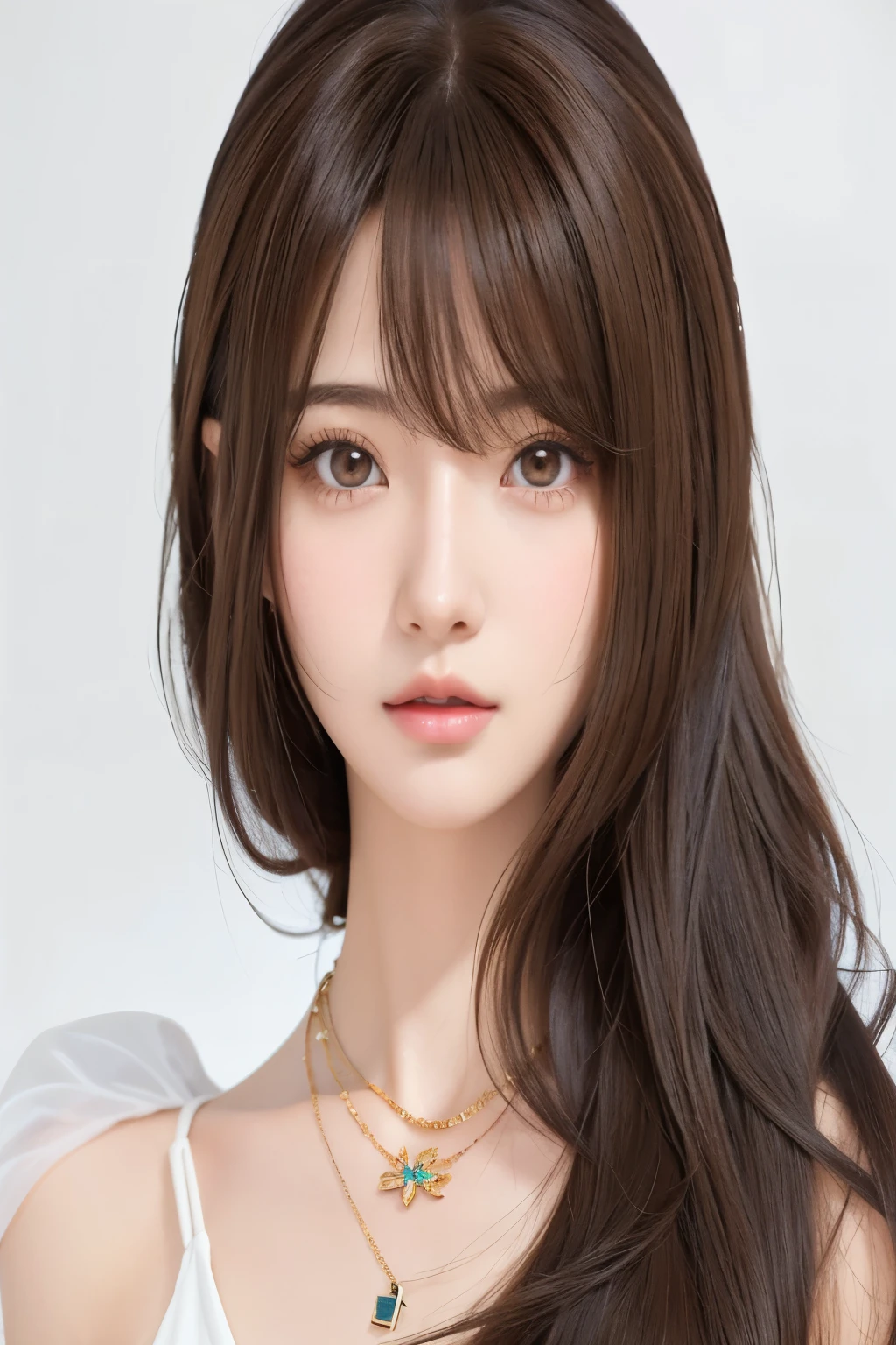 A woman with long brown hair wearing a white top and necklace - SeaArt AI