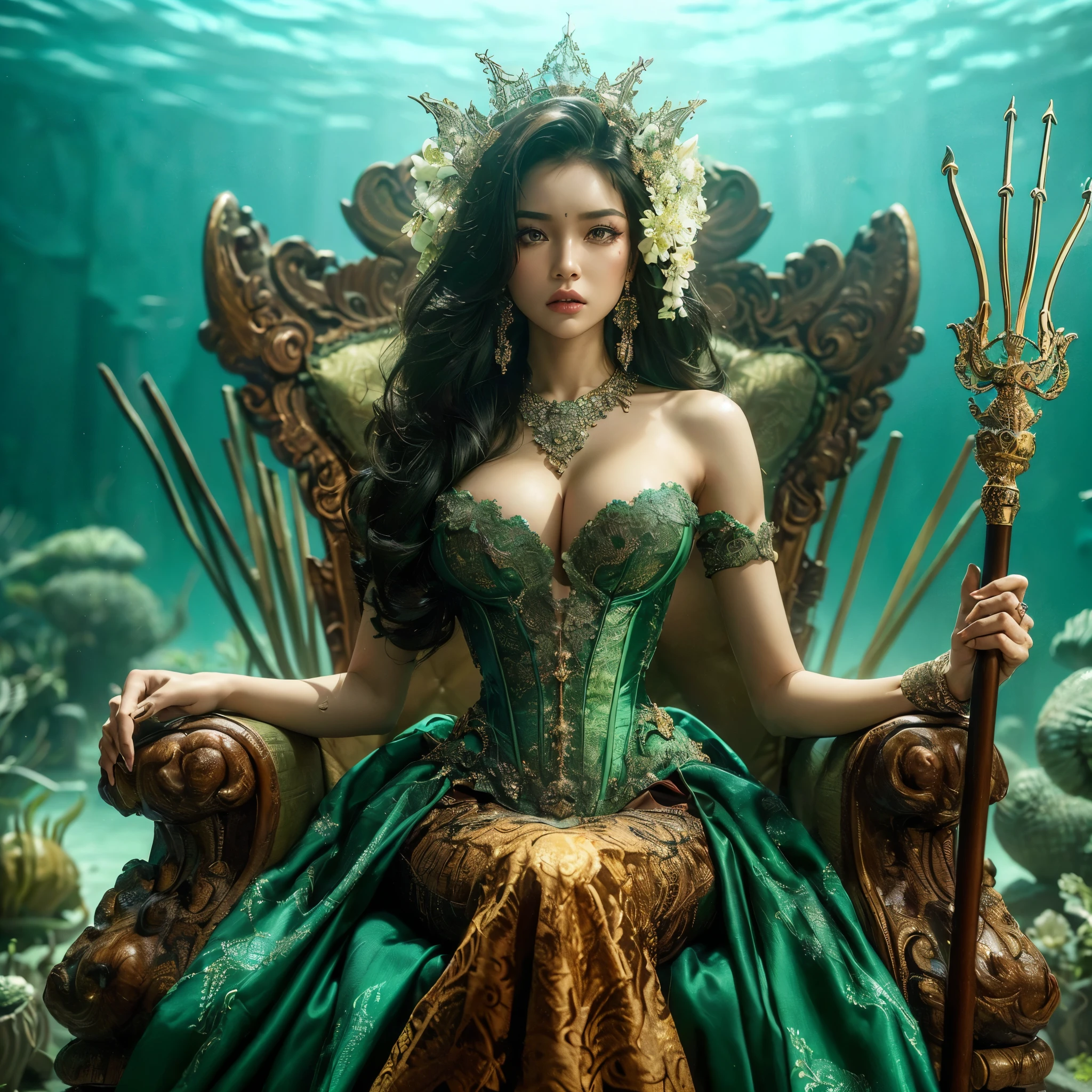 generate nyi roro kidul ((((gigantic breqst:1,9))), wearing tight luxury green kebaya, luxury bustier corset, batik tight long skirt and sanggul hair, slim waist, propotional body, sitting on her throne under the sea, she is holding a luxury trident, her aura is like a queen aura, make the picture looks so tense as she is looks angry, masterpiece, hyperdetail, 8k, ambient effect, digital effect, (((nsfw))), (((nude))), (((nipples))), (show boobs), (show cleaveage)