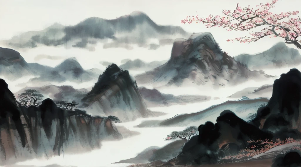 French-German landscape with trees and river on the mountain, Chinese landscape, landscape artwork, thin fogy mountains, Japanese Landscape, chinese painting style, Chinese-style painting, chinese watercolor style, background artwork, peaceful scenery, korean artist, Japanese style painter), Painting landscapes, Tradition Chinese Ink Painting, thin fog, Mountain fog background