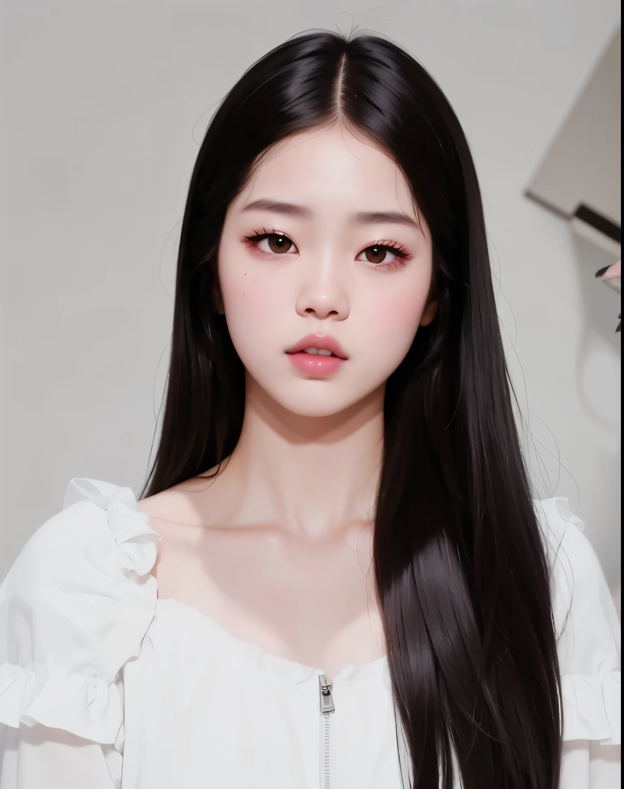 Un primer plano de una mujer con cabello largo y negro con un vestido blanco, Blackpink Jennie, Retrato de Jossi de Blackpink, Jaeyeon Nam, Wan adorable cara coreana, artwork in the style of Guweiz, ulzzang, Guweiz, inspirado por Sim Sa-jeong, Retrato Jisoo Blackpink, Jinyoung Shin, Parque Roseanne de Blackpink