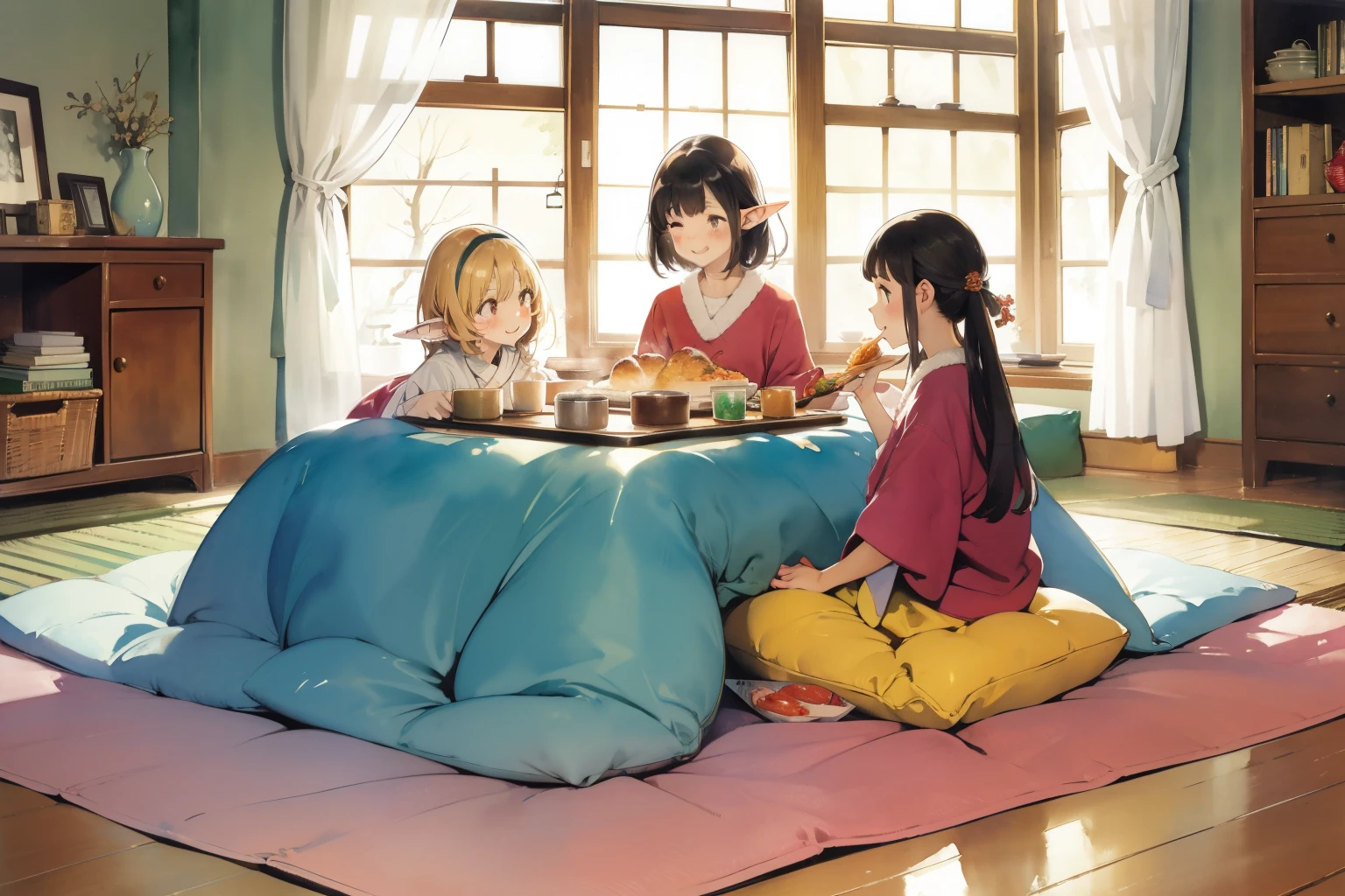 (masterpiece, best quality), closeup, wide angle, fisheye, 3girls, young , elf ears, closeup, smile, eating, (sitting on floor:1.2), by a small kotatsu table, (table full of dishes, plenty of dishes, stacks of food), in a room, (a giant pile of food on kotatsu table), big window, christmas tree, cozy, warm, wooden floor, vibrant colors, bright, white, watercolor