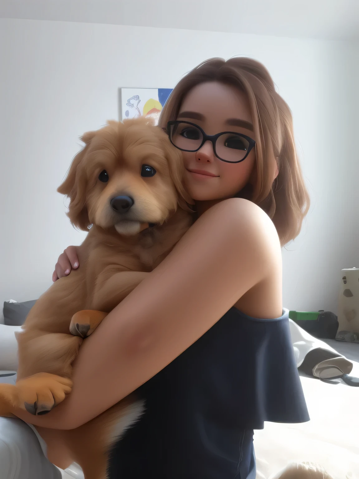 masterpiece, high quality, girl, dog, white background, (3d pixar stylization: 1.0)