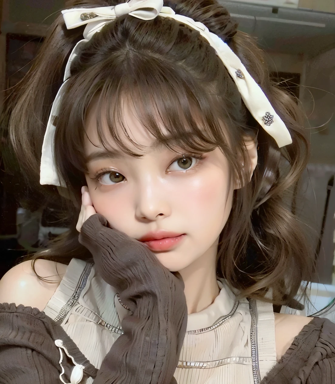 puffy woman with a white bow on her head and a brown sweater, cabelo castanho com franja, cabelos castanhos e olhos grandes, cabelos castanhos e franja, Ulzzang, franja marrom, cabelo arrumado com franja, bonito rosto de anime natural, franja fofa, franja encaracolado, branco hime corte penteado, kawaii retrato realista, franja encaracolado and ponytail, cabelo longo castanho com franja