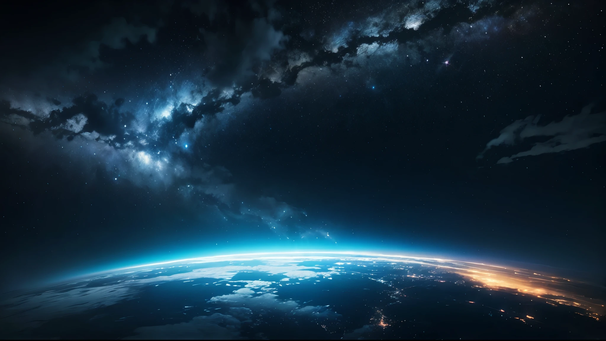 Scenery of a sky overlooking space, several clouds, well decorated, epic, fantasy, orchestral, 4k, cinematic, Without any structures, at night