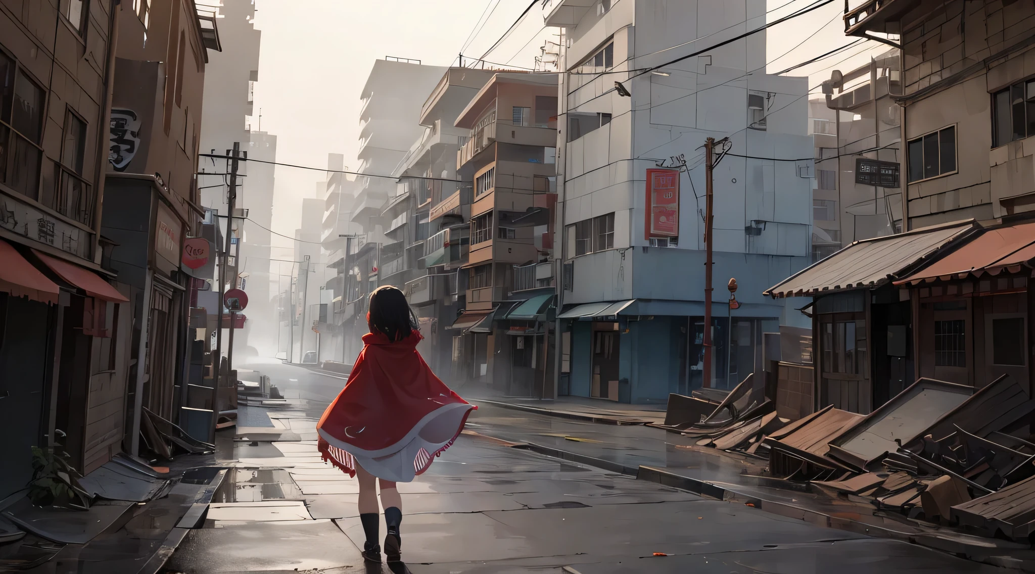 Ghost Town, Foggy, 独奏, 1girl, red poncho, ruined city