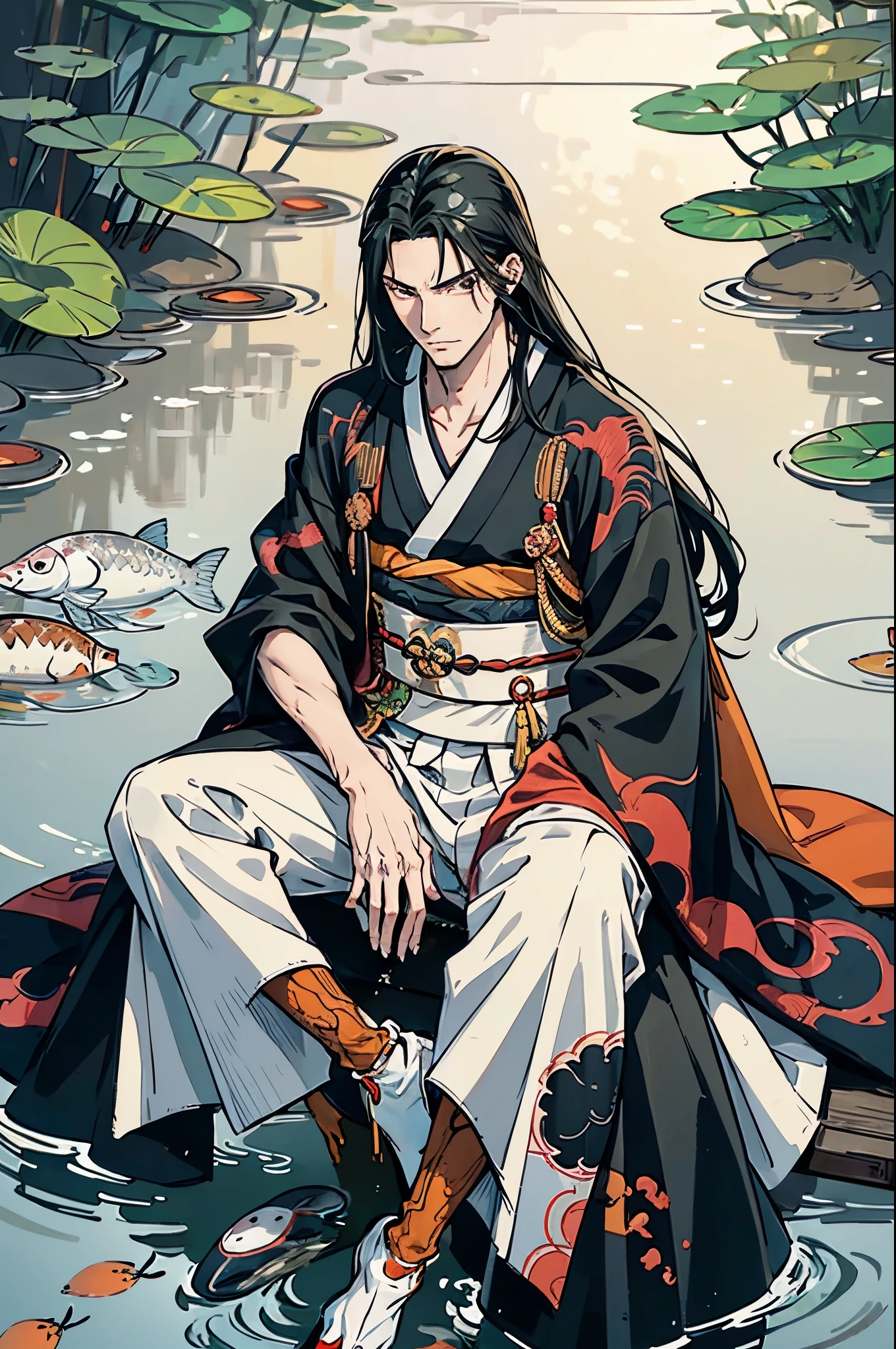 Tall man, long colorful kimono, scarred, long black hair, muscular athletic, two belts, neutral face, fish aesthetic background, sitting near a pond, carps, Japanese inspired, cultural aesthetic