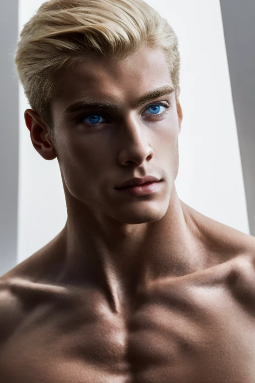 Portrait of a young man, Artistic portrait, luxury apartment, futuristic, handsome Greek male supermodel, strong jawline, naked torso, toned body, Greek face, handsome boy, super model boy, cinematic, perfection, Masterpiece, Photo shoot, blonde hair, Pale skin, blue eyes , Focus on the face, focus on the boy, Illuminated face