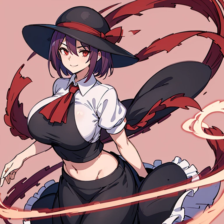 Yongjiang Yu, Purple hair, Red Eyes, Smile, black headwear, bobhair, short-hair，Short Bob　, huge tit　, heartbackground　, pink back ground　, Best Quality, frilld, Hagoromo, Black skirt, White shirt, Red Ascot, 　long  skirt　，big sister　，Beautiful fece　，Navel