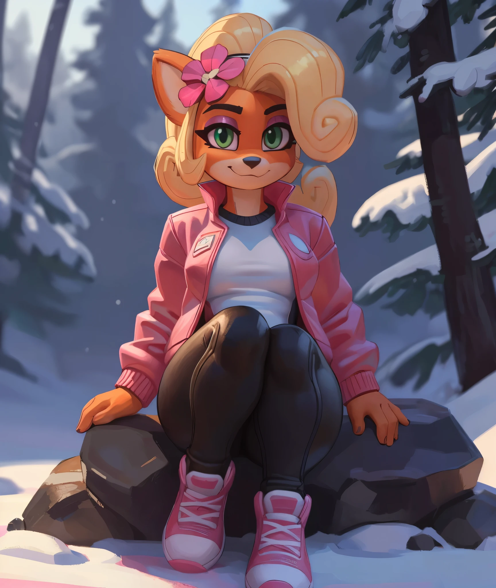[Coco bandicoot], [Uploaded to e621.net; (Pixelsketcher), (wamudraws)], ((masterpiece)), ((HD)), ((solo portrait)), ((full body)), ((front view)), ((furry; anthro)), ((detailed fur)), ((detailed shading)), ((beautiful render art)), ((feet visible)), ((intricate details)), {anthro; orange fur, black nose, (cute green eyes), (short eyelashes), (pink eyeshadow), blonde curly hair, curly ponytail, (curvy hips), (beautiful legs), (cute smirk)}, {(white shirt), (pink winter jacket), (tight black spandex yoga pants pink lines), (pink sneakers), (pink flower on head)}, {(sitting on rock), (hands in lap), (looking at viewer)}, [background; (tropical forest), (snow), (beaten pathway), (blue sky), (cloudy)]