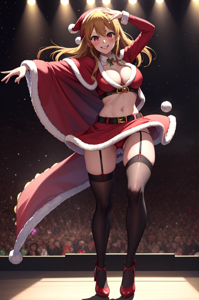 anime, beautiful face, highly detailed face, 2 accurate legs, detailed eyes, highly detailed background, perfect lighting, accurate arms, accurate hands, accurate fingers, full body, 1girl, solo, ruby hoshino, oshi no ko, female santa, sexy santa outfit, santa cape, heels, thighhighs, garter stockings, absurdres, high res, ultrasharp, 8K, masterpiece, looking at viewer (dancing pose:1.4), (full body:1.4), Christmas concert, Christmas performance, Christmas idol, idol, performing, on stage, crowd, fans, dancing, smiling with compassion, mouth open smile, full of delight, blushed, cleavage, breast, leaning_forward, sntdrs