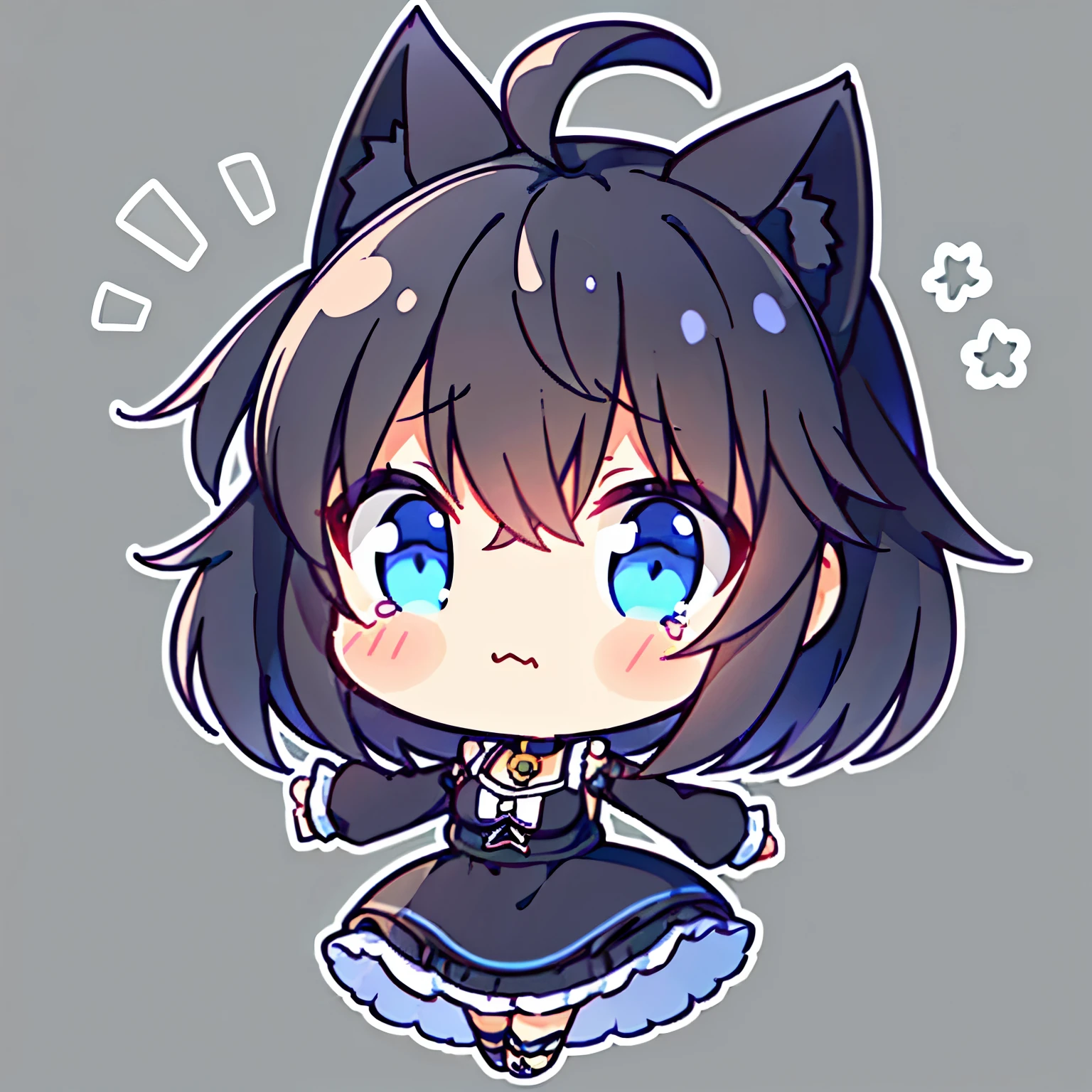 Girl with、chibi、((Best Quality, High_resolution, Distinct_image)),(black hair), (black cat ears), (ahoge), (Absurdly short hair), (Wavy Hair), (blue eyes),、crying face、Average Breasts、