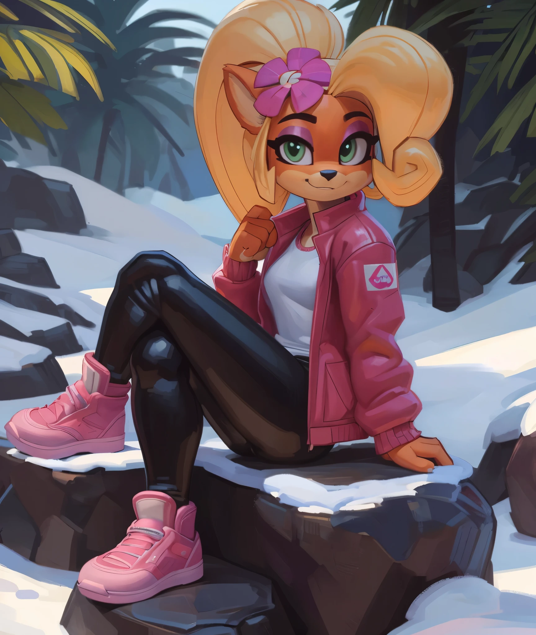 [Coco bandicoot], [Uploaded to e621.net; (Pixelsketcher), (wamudraws)], ((masterpiece)), ((HD)), ((solo portrait)), ((full body)), ((side view)), ((furry; anthro)), ((detailed fur)), ((detailed shading)), ((beautiful render art)), ((feet visible)), ((intricate details)), {anthro; orange fur, black nose, (cute green eyes), (short eyelashes), (pink eyeshadow), blonde curly hair, curly ponytail, (curvy hips), (beautiful legs), (cute smirk)}, {(white shirt), (pink winter jacket), (tight black spandex yoga pants pink lines), (pink sneakers), (pink flower on head)}, {(sitting on rock), (crossed legs), (hands in lap), (looking at viewer)}, [background; (tropical forest), (snow), (beaten pathway), (blue sky), (cloudy)]