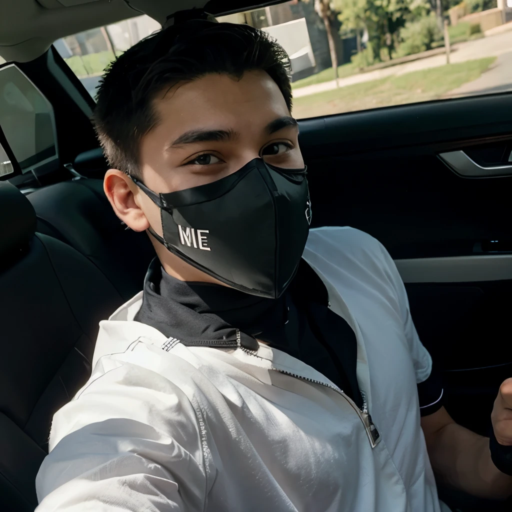 Masked man  taking selfie the car