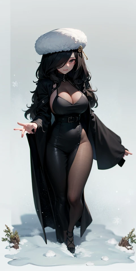 (best quality:1.5, highres, UHD, 4K, detailed lighting, shaders), beautiful girl from genshi impact, black wavy hair, large breasts , woman gold jacket, long gold coat, (pov), full body, white background