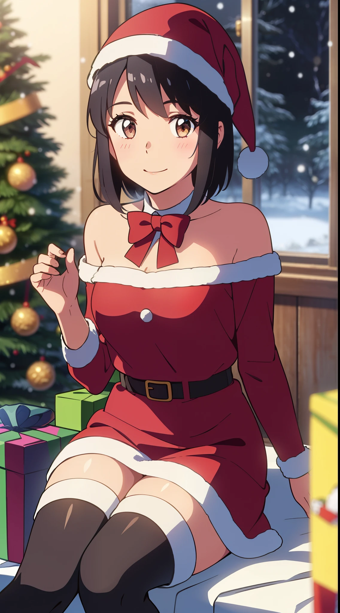 shinkai makoto, kimi no na wa., 1girl, bangs, black hair, blush, bright eyes, brown eyes, looking at the viewer, red bow, red headband, red ribbon, short hair, medium breasts, solo, indoors, shiny skin, smile, happy, beautiful, parfect anatomy, perfect hands, Christmas tree, Santa Claus costume, Sweet face, Red Christmas Dresses, candy cane stockings, Against the background of winter scenery, perfect hands, snow, steam, night