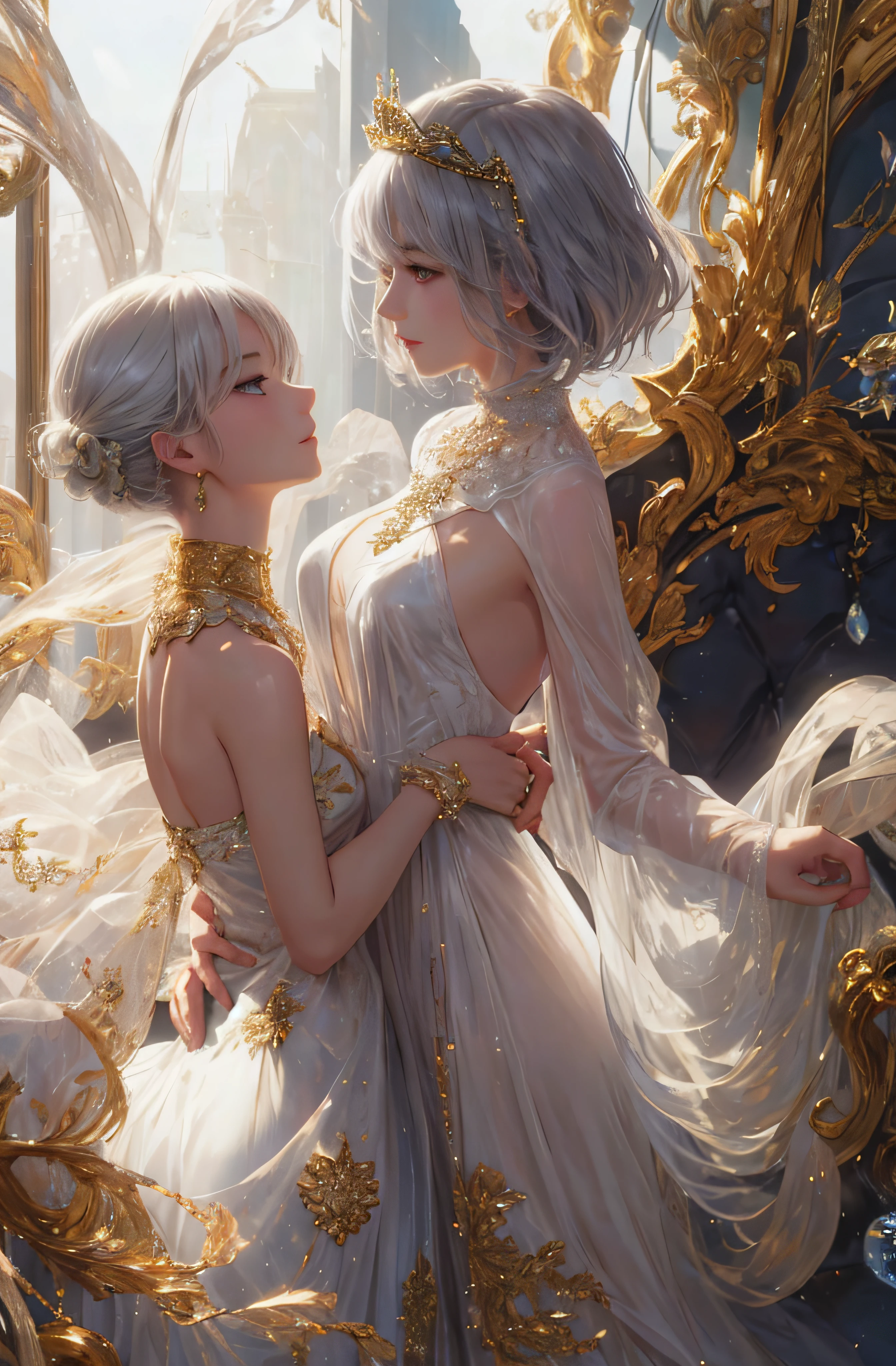 profile、8K、realphoto、超A high resolution, Master Parts, Best Quality, nffsw , cinematic images,Lovely girl、ann、16 only、annグロサクソン、二重まぶた、drooing eyes、Very big eyes、Eyes purple、Dark eye shadow、The lips are very thin、The tip of the nose stretches beautifully..................................................、the tip of the nose is small,,,,, ighly detailed , Silver hair、Straight short hair、ssmile、 Sweet look 、a very beautiful woman、legs are long、 Very clear shadows , jewely , A sexy , A detailed eye, very intricate, shiny skins , パーフェクトブリリannト, Perfect Lighting, Dramatic shadows、White tiara on head、Gold necklace around the neck、White aristocratic dress with gold embroidery、