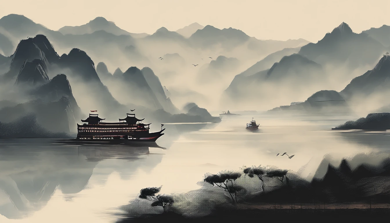 Best quality at best, Ultra-fine details, A high resolution, tmasterpiece:1.2, Soak up the beautiful scenery, Impeccable brushstrokes, Impressive ink, Adopt a wide-angle viewing angle, Breath-taking mountain views, Majestic and profound, Beautiful boats sailing in the mountains, Describe the vessel and its surroundings in detail, traditional chinese art, Expresses the tranquility and harmony of nature, Subtle tonal changes, Soft color palette, The atmosphere is soft and warm, Participated in the famous exhibition - Chinese ink landscape painting,The composition is stunning,emotive depth,Capture the tranquility of the mountains. Texture strokes and tonal changes are very detailed, Reveal the complexity of the ship and the beauty of the surrounding landscape. traditional chinese art styles create a peaceful and harmonious atmosphere,Immerse viewers in natural wonders. 这件tmasterpiece是最高品质的, 具有超精细细节和A high resolution图像, Make it an impressive and stunning work of art,Perfectly capturing the essence of Chinese ink landscape painting.