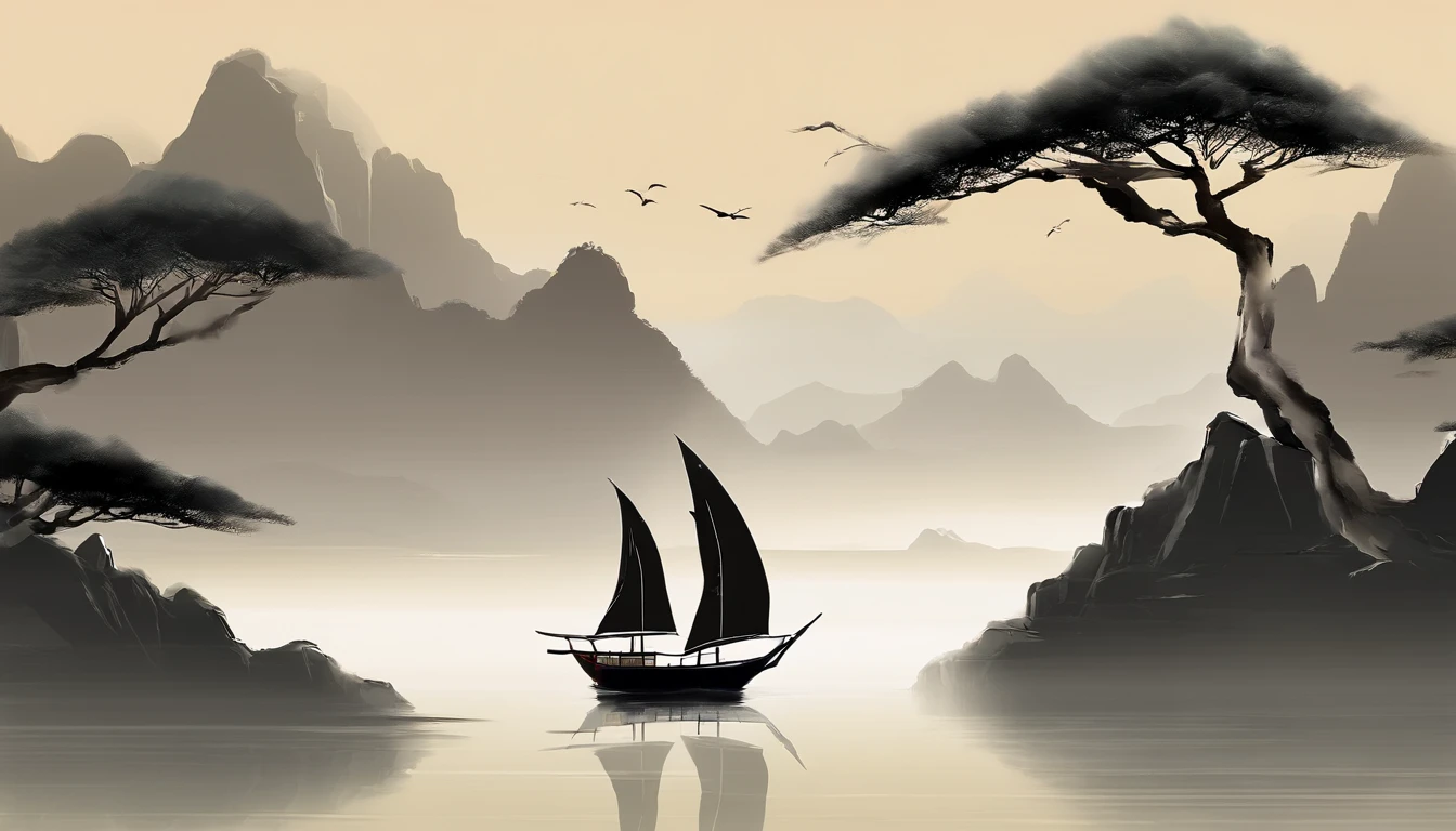 Best quality at best, Ultra-fine details, A high resolution, tmasterpiece:1.2, Soak up the beautiful scenery, Impeccable brushstrokes, Impressive ink, Adopt a wide-angle viewing angle, Breath-taking mountain views, Majestic and profound, Beautiful boats sailing in the mountains, Describe the vessel and its surroundings in detail, traditional chinese art, Expresses the tranquility and harmony of nature, Subtle tonal changes, Soft color palette, The atmosphere is soft and warm, Participated in the famous exhibition - Chinese ink landscape painting,The composition is stunning,emotive depth,Capture the tranquility of the mountains. Texture strokes and tonal changes are very detailed, Reveal the complexity of the ship and the beauty of the surrounding landscape. traditional chinese art styles create a peaceful and harmonious atmosphere,Immerse viewers in natural wonders. 这件tmasterpiece是最高品质的, 具有超精细细节和A high resolution图像, Make it an impressive and stunning work of art,Perfectly capturing the essence of Chinese ink landscape painting.