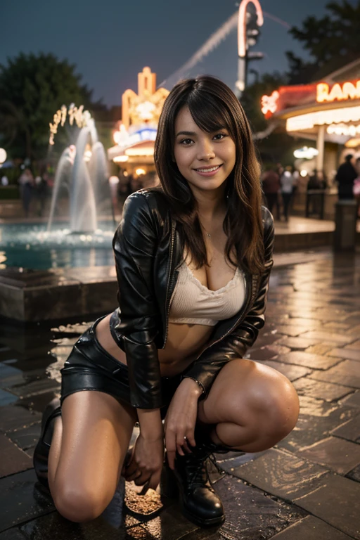 (top-quality, 8K, masterpiece:1.3), foco nítido:1.2, Best Quality, 1girl in, (Full body), Beautiful indonesian teenager,with perfect body shape:1.4, A curvy body,light brown skin (long-hair, Braiding bangs, Blackhair), Pointed chest, big breasts, Women's Fashion, cut leather jaket, Camisole 1, leatherskirt, long boots, In front of the fountain at the amusement park, (nighttime scene), illuminations, Highly detailed facial and skin texture, Beautiful detailed eyes, 二重まぶた, A girlish smile, finely detail, Natural Color Lip, Bold sexy poses, crouching down, open crotch,Stranger,Long Focus,