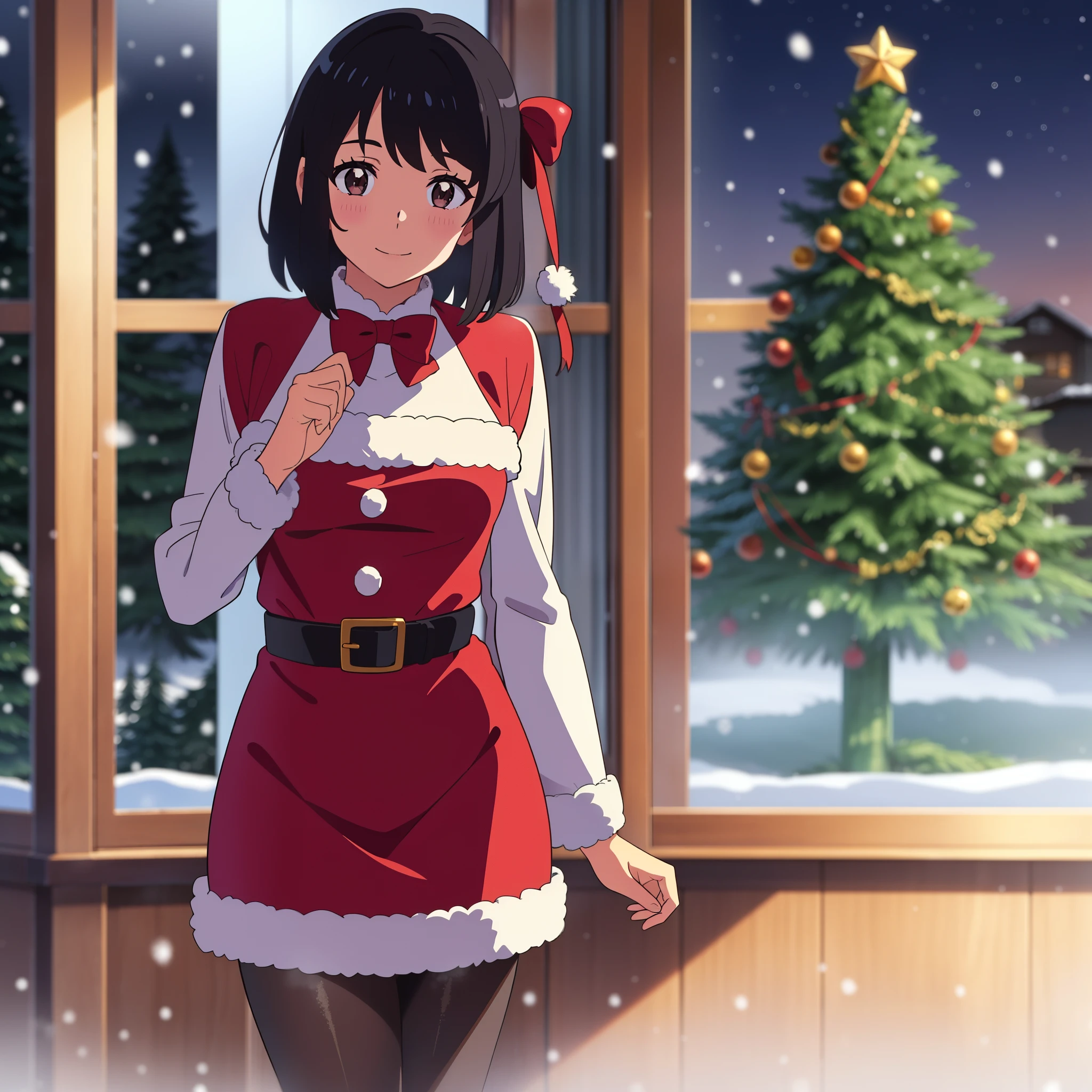 shinkai makoto, kimi no na wa., 1girl, bangs, black hair, blush, bright eyes, brown eyes, looking at the viewer, red bow, red headband, red ribbon, short hair, medium breasts, solo, indoors, shiny skin, smile, happy, beautiful, parfect ???????, perfect hands, Christmas tree, Santa Claus costume, Sweet face, Red Christmas Dresses, candy cane stockings, Against the background of winter scenery, perfect hands, snow, steam, night