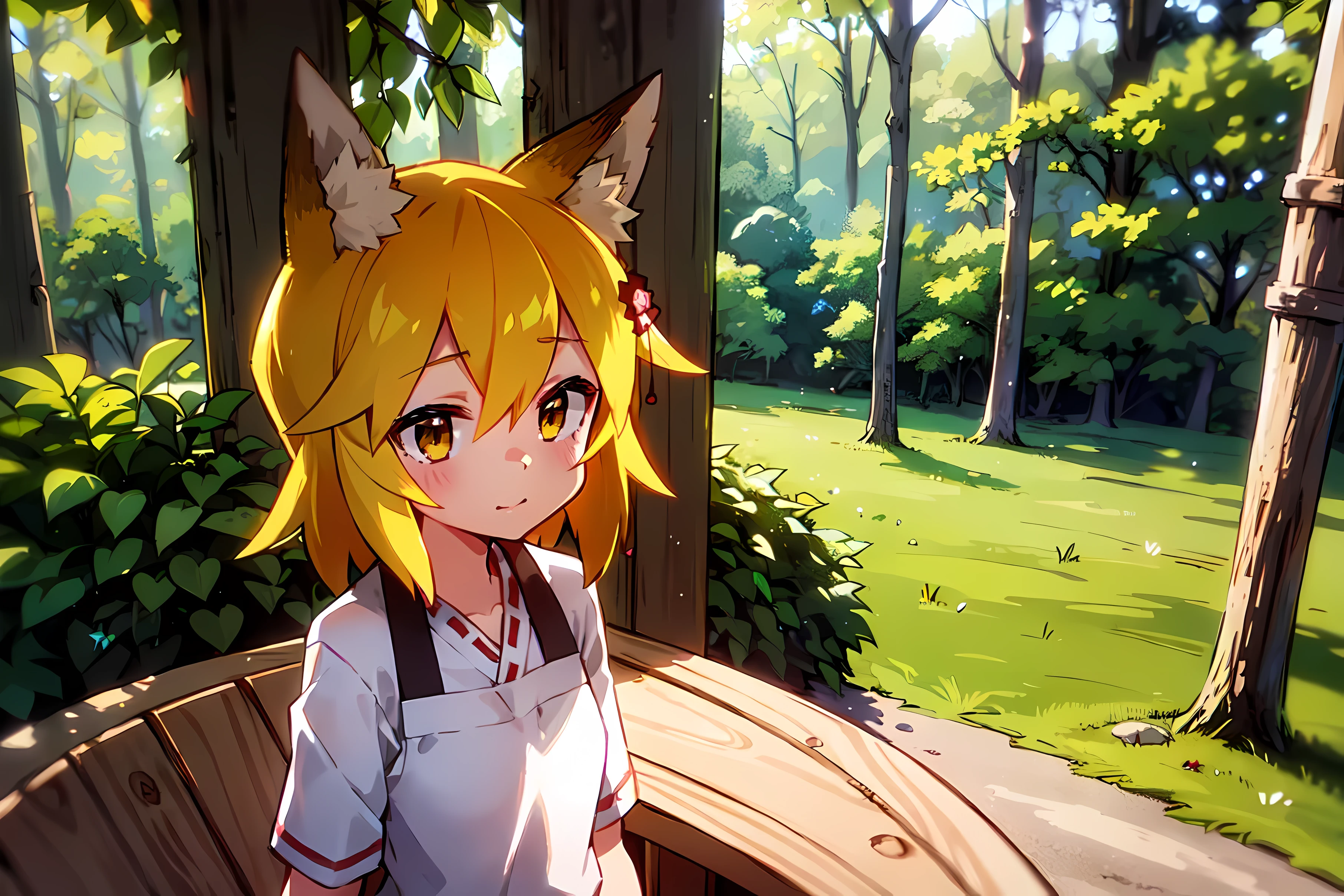 A girl, Fox ears, 4K Image, Beautiful forest, house in the forest