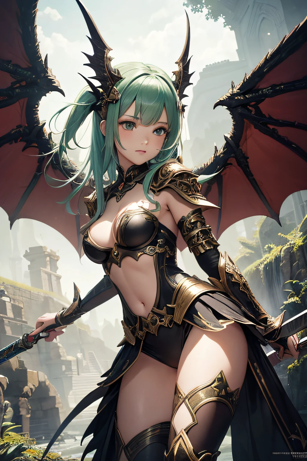 , ancient dragon girl, wings and tail, sexi, small breasts, green scale armor and accesories, wielding sword made of a dragon fang, highly detailed, vibrant appearance, creative behavior, extremly detailed, imaginative, sensual, spontaneous, highest quality, skin texture, intricate details, (cinematic lighting), RAW photo, 8k, masterpiece,best quality,ultra-detailed,very detailed illustrations,extremely detailed,intricate details,highres,super complex details,extremely detailed 8k cg wallpaper,