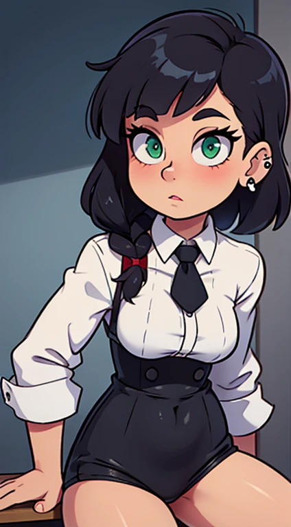 A Busty Goth Girl with green eyes and Piercings