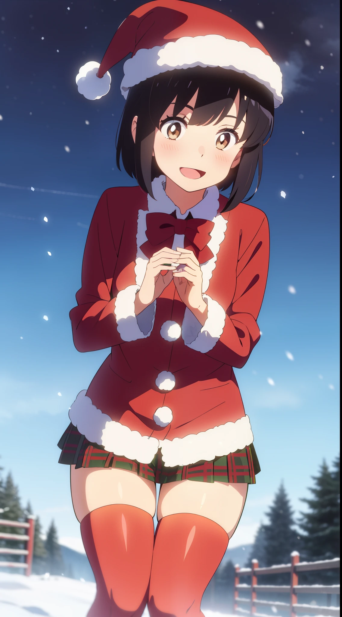 shinkai makoto, kimi no na wa., 1girl, 1boy, bangs, black hair, blush, bright eyes, brown eyes, bow, red bow, ribbon, red ribbon, short hair, solo, perfect hands, perfect ???????, sweet face, night, outdoors, winter scenery, snow, steam, cloud, Against the background of winter scenery, Santa Claus costume, Christmas uniform, Christmas shirt, skirt, plaid skirt, long sleeves, candy cane stockings, Santa Claus hat, smile, happy, :D. school, sky, cloud