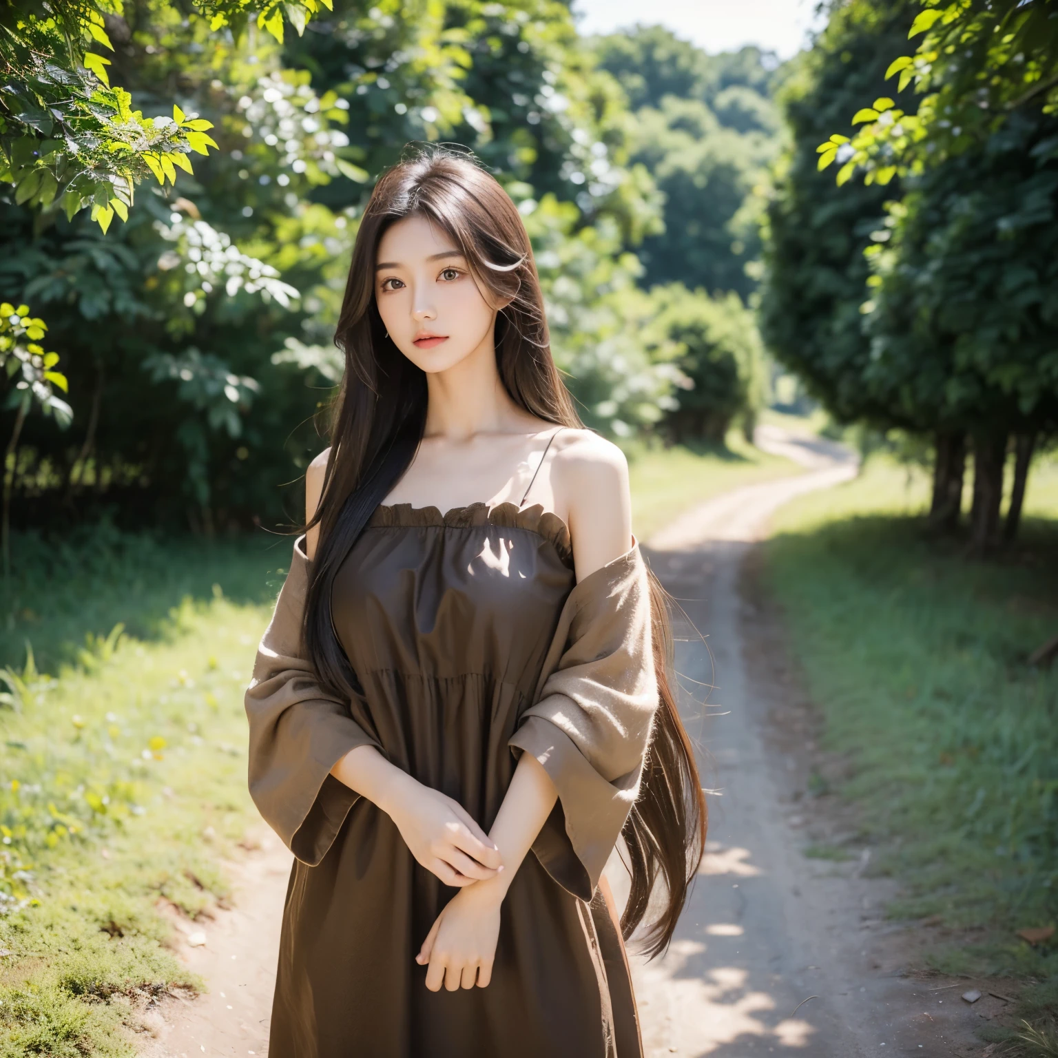 Girl 20 years old, Slender, medium chest size, long black hairsh, Loose hairsh, hairsh, Developing in the wind, Brown eyes, Rustic brown dress,Looking straight ahead, Rural Clothing, summer, countryside,Rustic cabins,