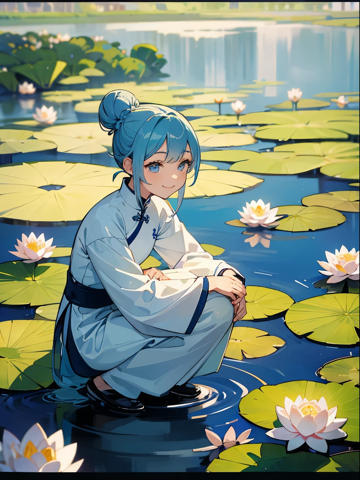 Women in Their 20s、lightblue hair、Bun hairstyle、Wearing Ao Dai、squatting、Pond nearby、Lotus flowers floating in the pond、Smiling expression