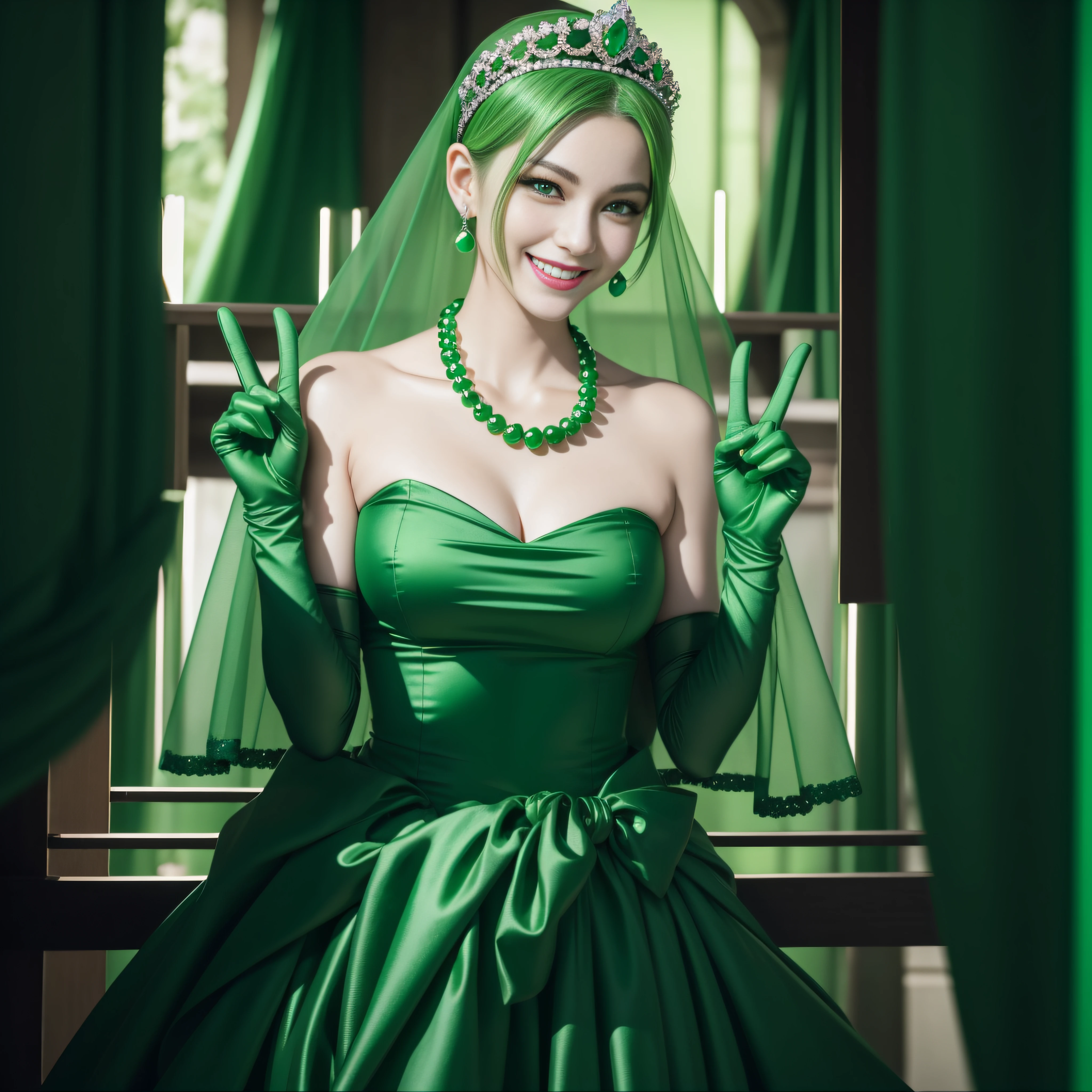 emerald tiara, Green Pearl Necklace, Boyish very short green hair, lipsticks, Japan woman smiling, very short short hair, big breasts beautiful, Green eyes, Long green gloves made of satin material, Green eyes, v sign,両手でv sign, Emerald Earrings, Green hair