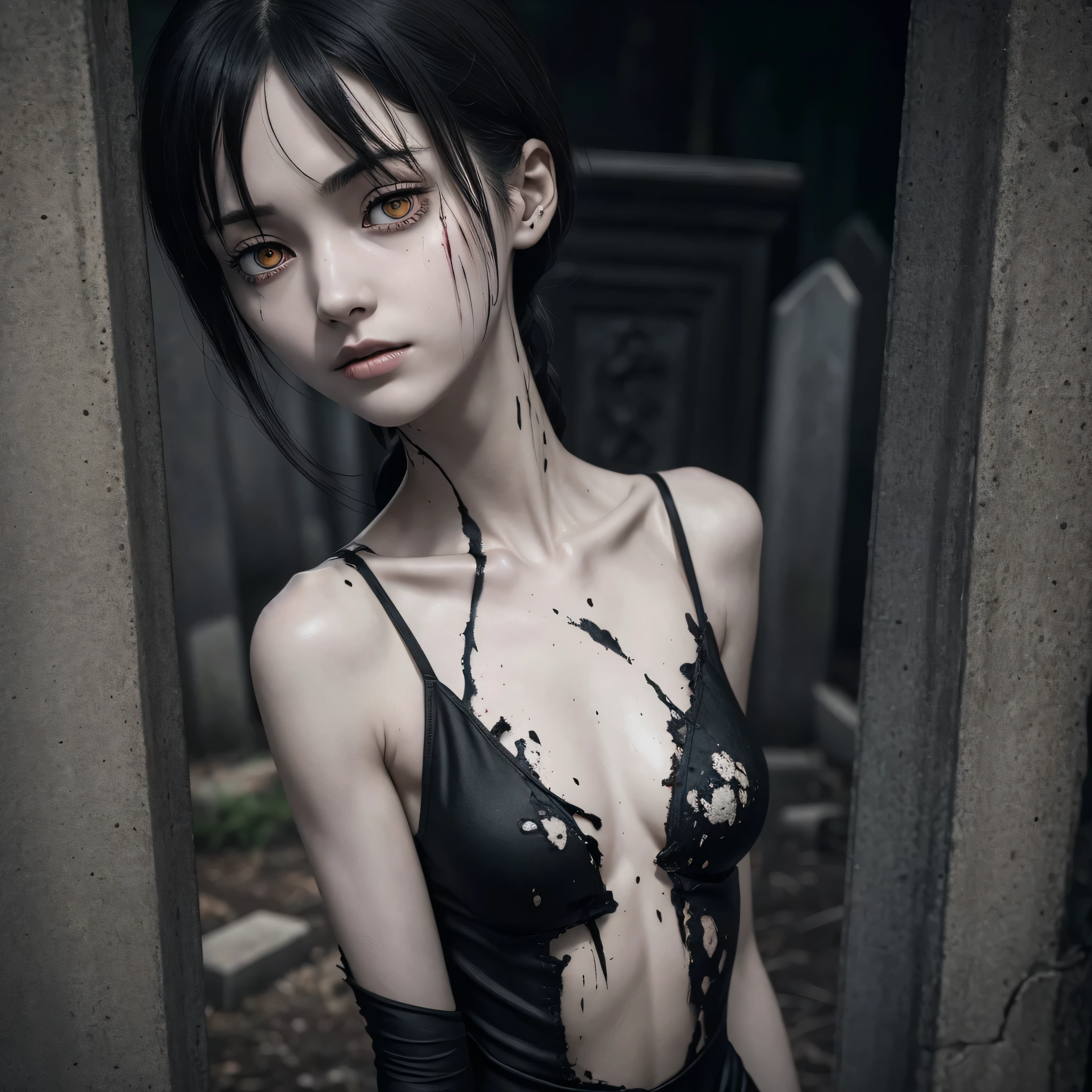 sinister, female, thin, pale, looking at the camera, ultra realistic, fully detailed, cemetery environment, bright eyes, black dress torn and stained with blood,  putrid wounds, , terrifying, bruised by the body, exposed fracture in the collarbone, slight smile, super detailed, black short hair,