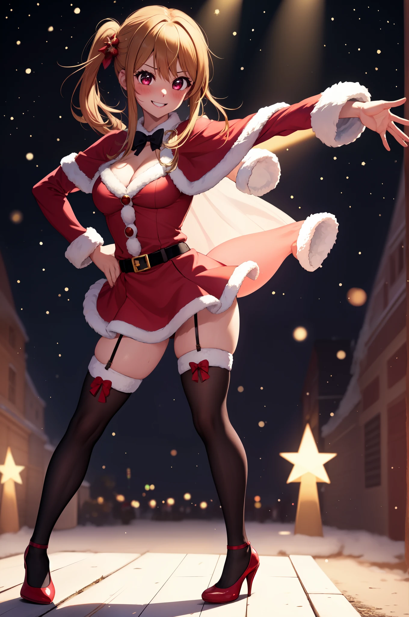 anime, beautiful face, highly detailed face, 2 accurate legs, detailed eyes, highly detailed background, perfect lighting, accurate arms, accurate hands, accurate fingers, full body, 1girl, solo, ruby hoshino, oshi no ko, female santa, sexy santa outfit, santa cape, heels, thighhighs, garter stockings, absurdres, high res, ultrasharp, 8K, masterpiece, looking at viewer (dancing pose:1.2), (full body:1.4), Christmas concert, Christmas idol, performing, on stage, crowd, fans, dancing, smiling with compassion, mouth open smile, full of delight, blushed, cleavage, breast, leaning_forward, sntdrs