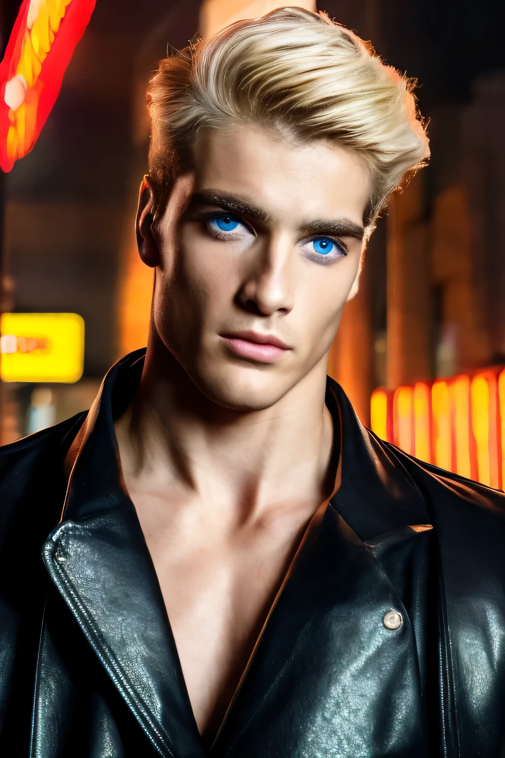 Portrait of a young man, Artistic portrait, Futuristic city, neon lights, handsome greek supermodel, Strong jaw, naked torso, toned body, greek face, handsome boy, supermodel boy, Kinematic, perfection, masterpiece, photo session, blond hair , Pale skin, blue eyes, black jacket, leather, focus on face, focus on the child, illuminated face